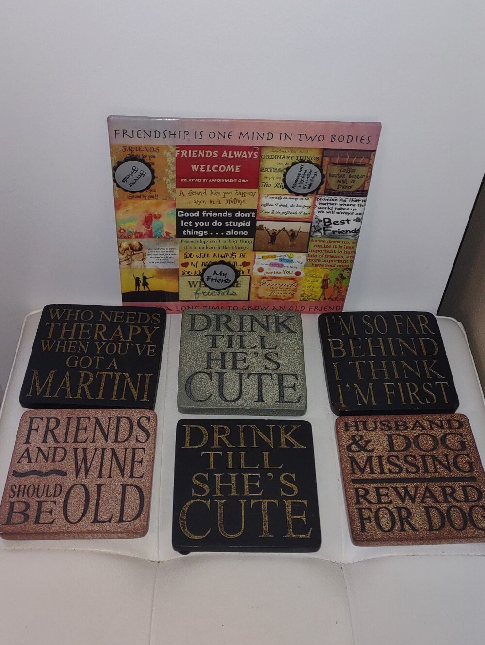 6pc Slate Humor Coasters & Friendship Magnetic Picture/Note Board